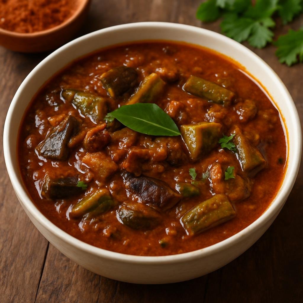 Entree: India – Tamil Nadu – கரா குழம்பு ➤ Kara Kuzhambu (Spicy tangy tamarind-based South Indian vegetable curry made with a roasted spice and coconut paste) recipe