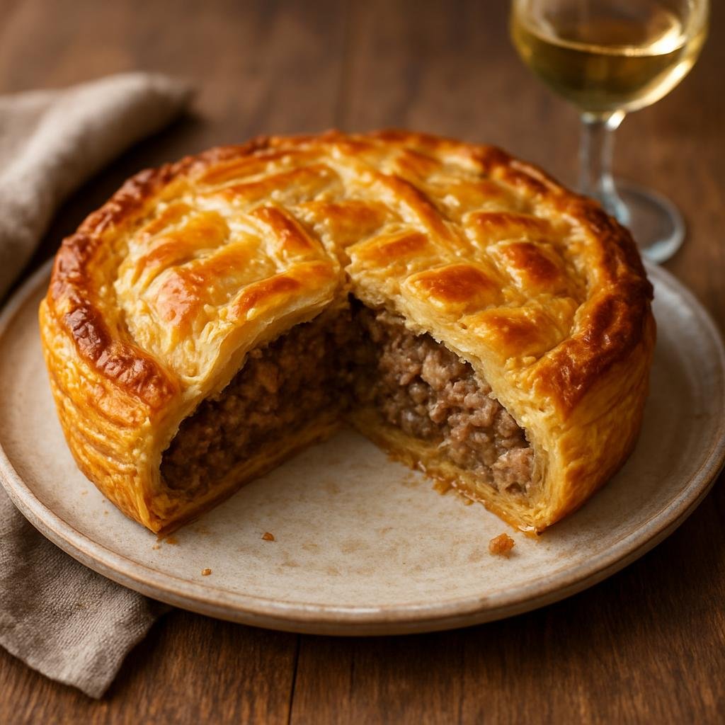 Entree: Luxembourg – Northern Culinary Region – Rieslingspaschtéit (Savory meat pie in pastry flavored with Riesling wine, traditional to Luxembourg) recipe