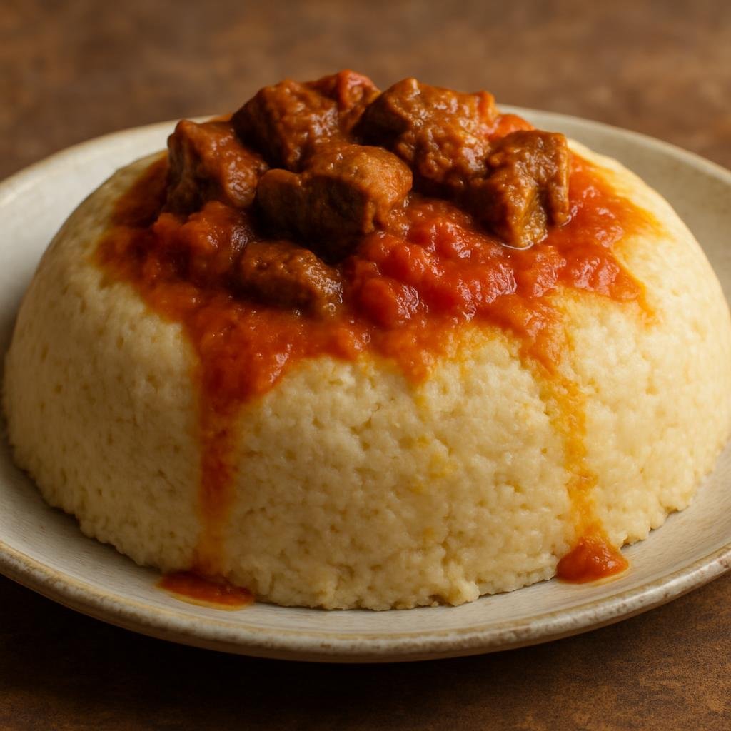 Entree: Mauritania – Northern Culinary Region – بازين ➤ Bāzīn (A dense steamed barley dough formed into a firm mound and served with a spiced meat and tomato sauce) recipe