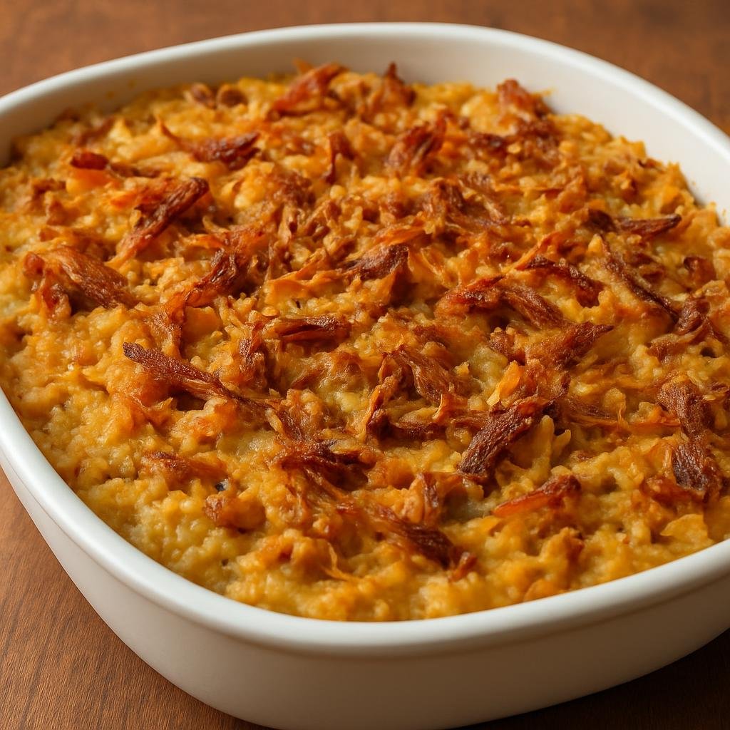Entree: Micronesia – Northern Culinary Region – Breadfruit Casserole (Baked savory mash of ripe breadfruit mixed with coconut cream and shredded smoked fish) recipe