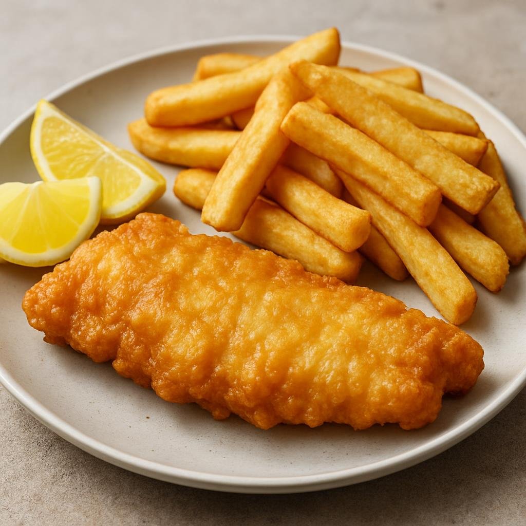 Entree: New Zealand – Maori Cuisine – Fish and Chips with Lemon (Crisply battered local white fish served with thick fried chips and fresh lemon wedges.) recipe