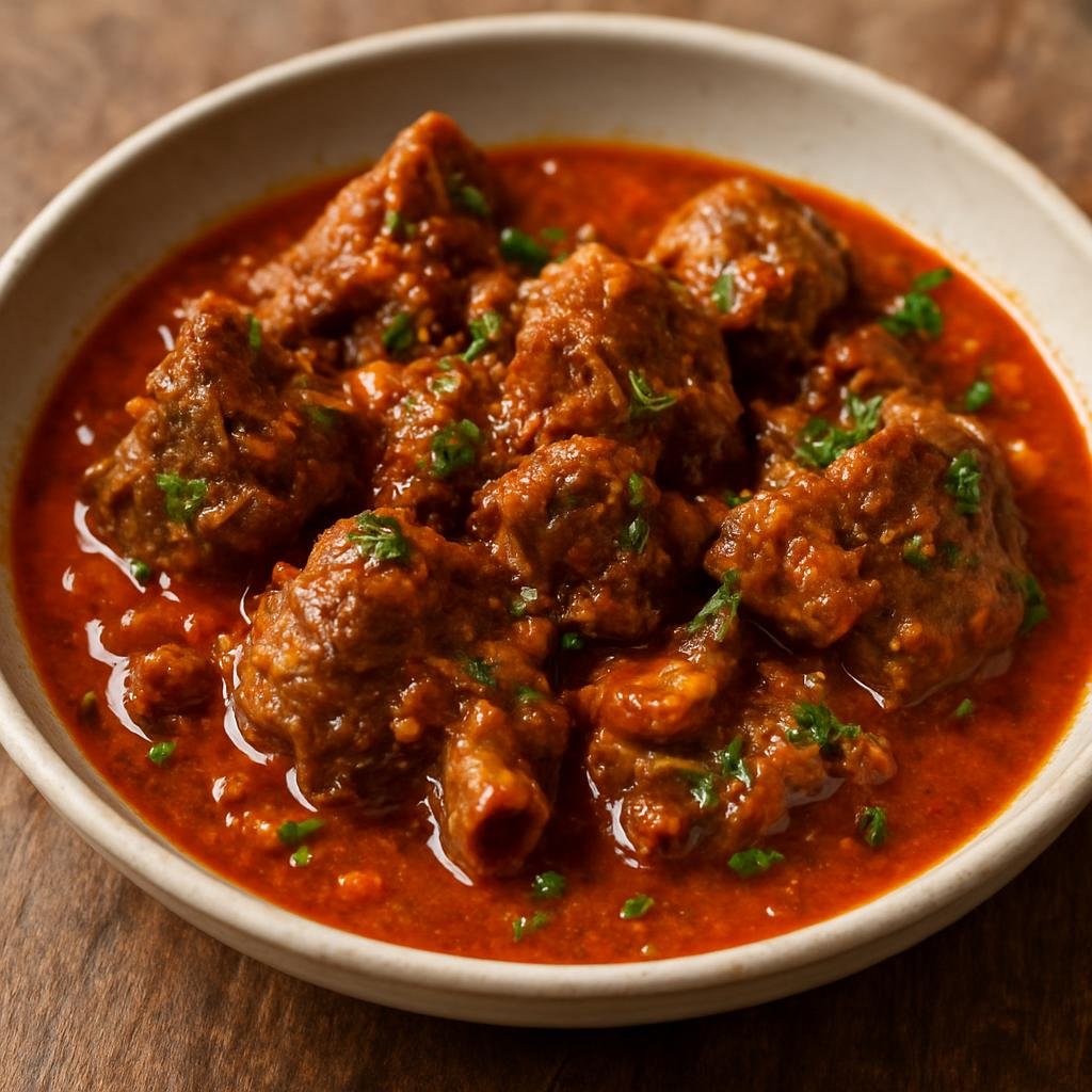 Entree: Republic of the Congo – Northern Culinary Region – Ntaba (Braised goat stew in a rich tomato and palm oil sauce with local aromatics) recipe