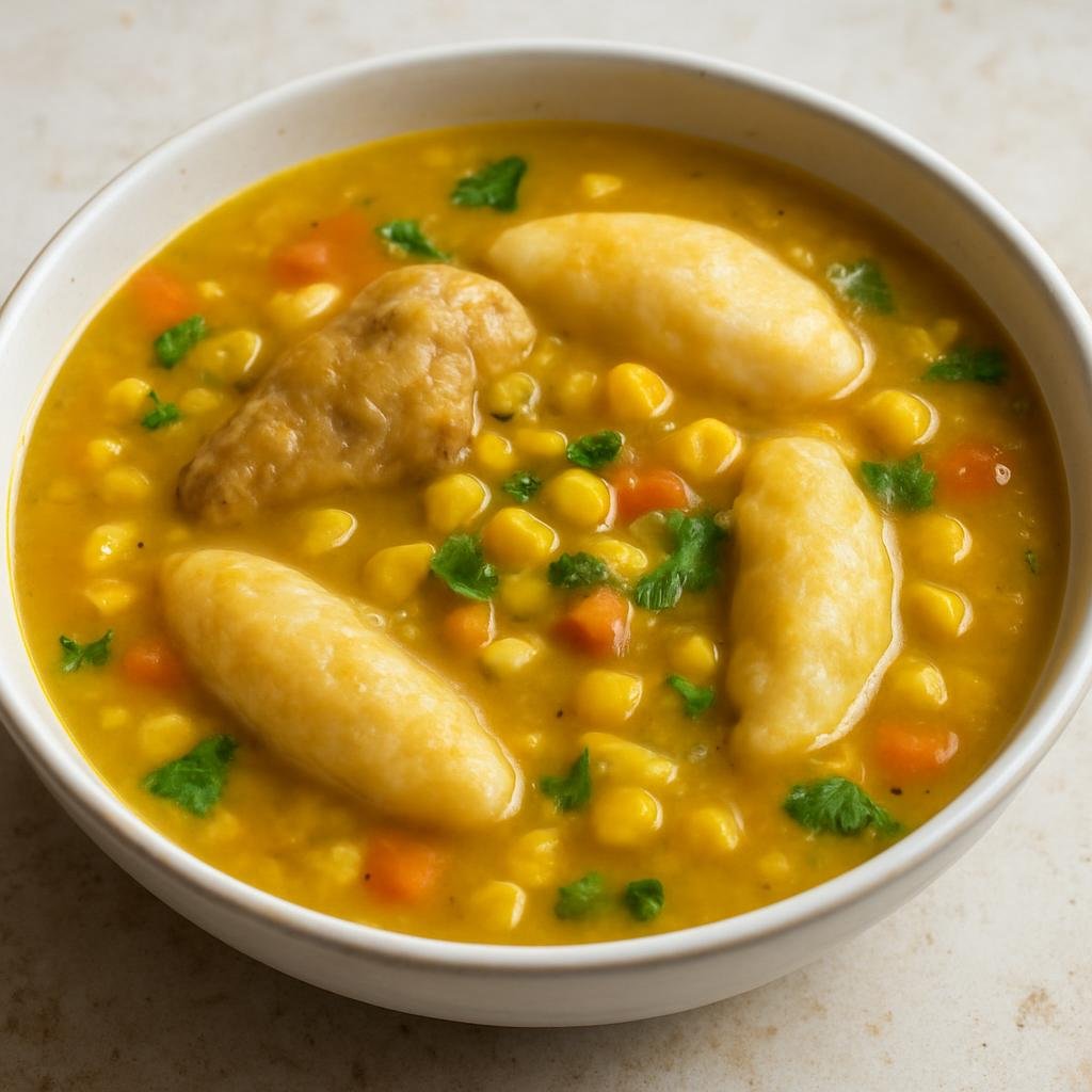 Entree: Trinidad and Tobago – Northern Culinary Region – Trini Corn Soup (Hearty spiced Caribbean corn and chicken soup with soft flour-corn dumplings) recipe