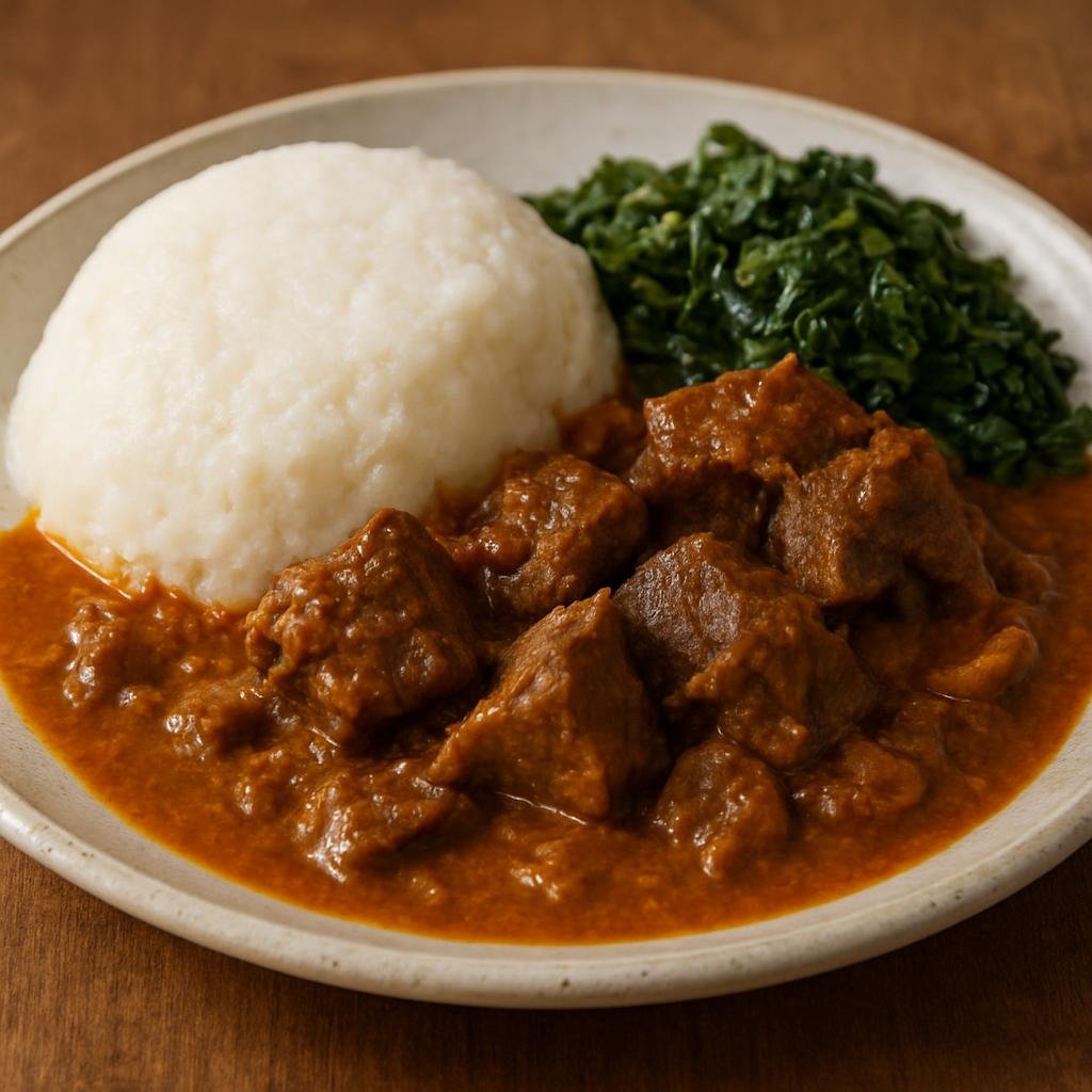 Entree: Zimbabwe – Northern Culinary Region – Nhedzi (Hearty Northern Zimbabwean goat stew with peanut sauce and pumpkin leaves, traditionally served with sadza) recipe
