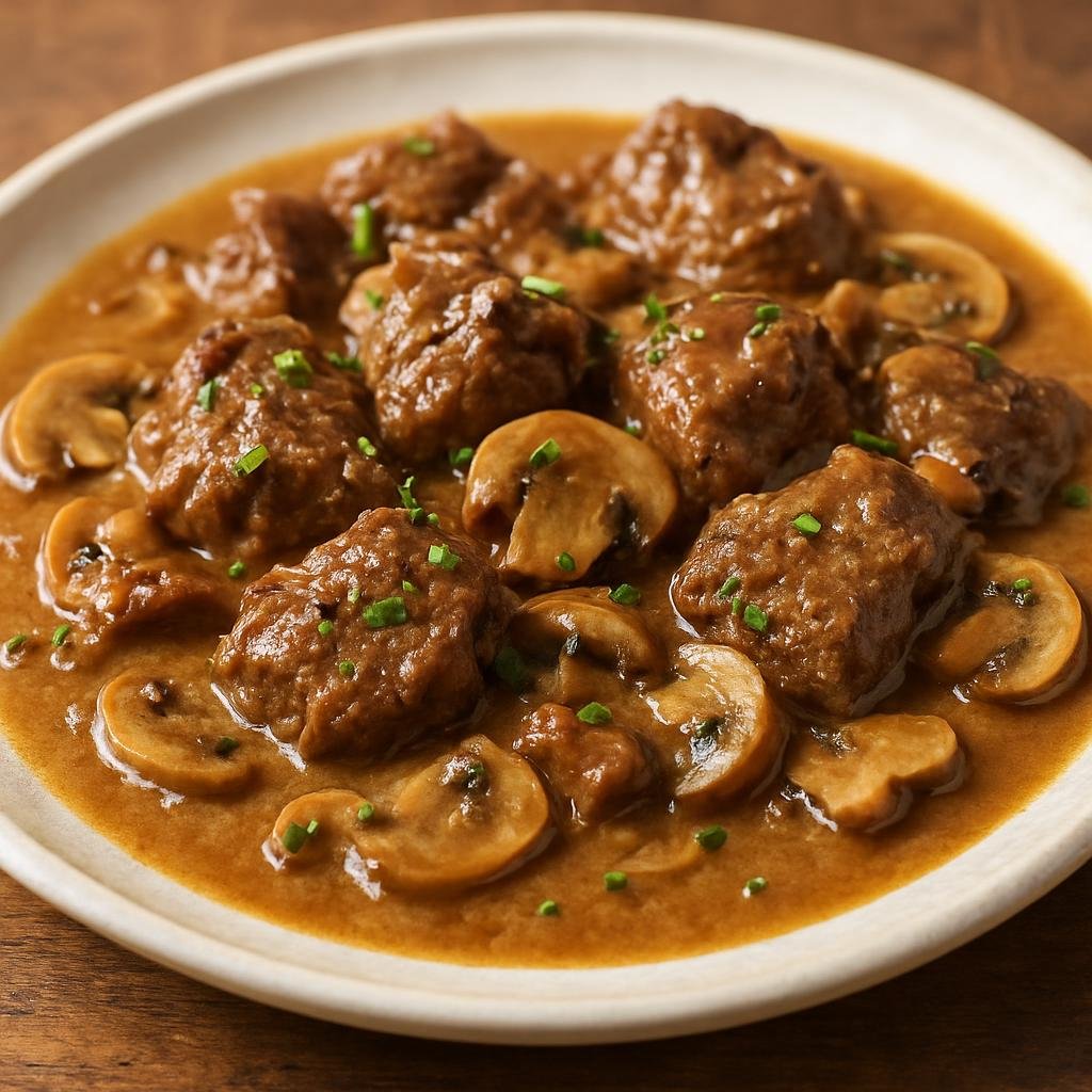 Entree: Andorra – Central Culinary Region – Fricandó (Catalan-style braised beef with mushrooms in a savory almond-thickened sauce) recipe