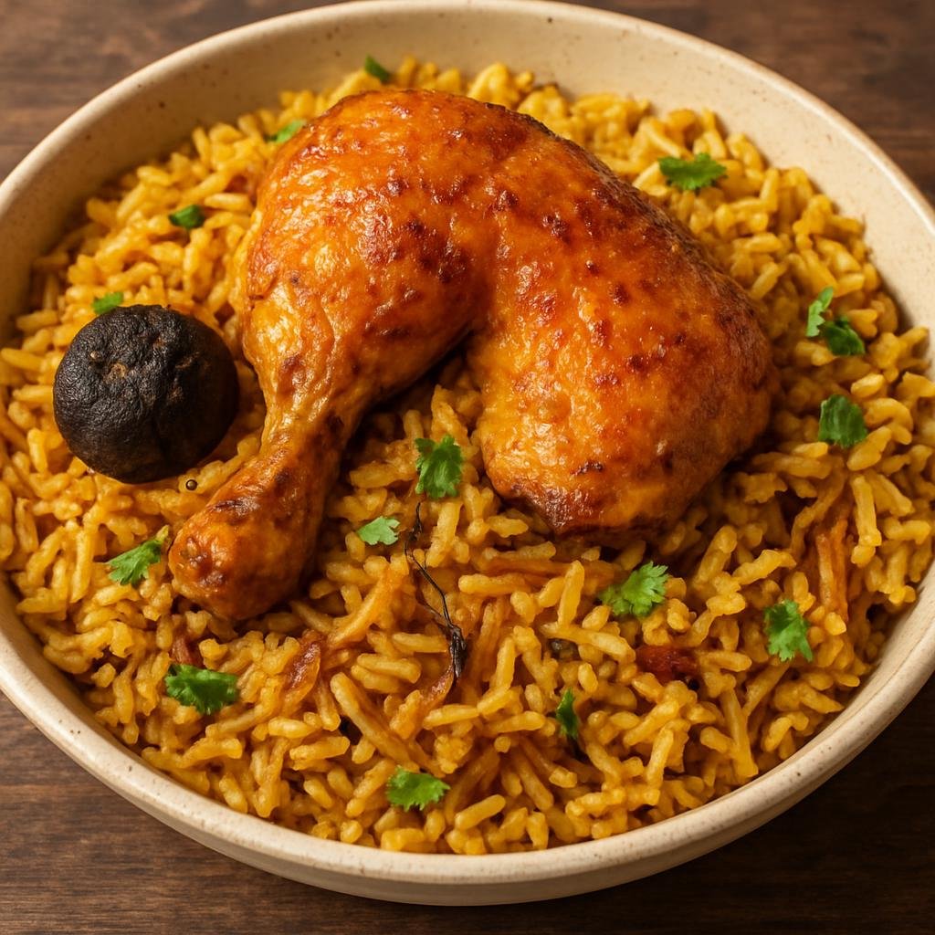 Entree: Bahrain – Central Culinary Region – مجبوس دجاج ➤ Majboos Dajaj (Spiced Gulf-style rice cooked with braised chicken, dried lime, and warming aromatics) recipe