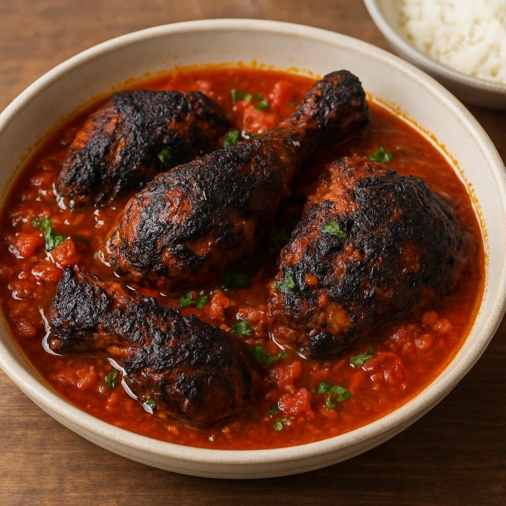 Entree: Benin – Central Culinary Region – Koklo Meme (Charred and stewed Beninese chicken in a spicy palm-oil tomato and pepper sauce) recipe