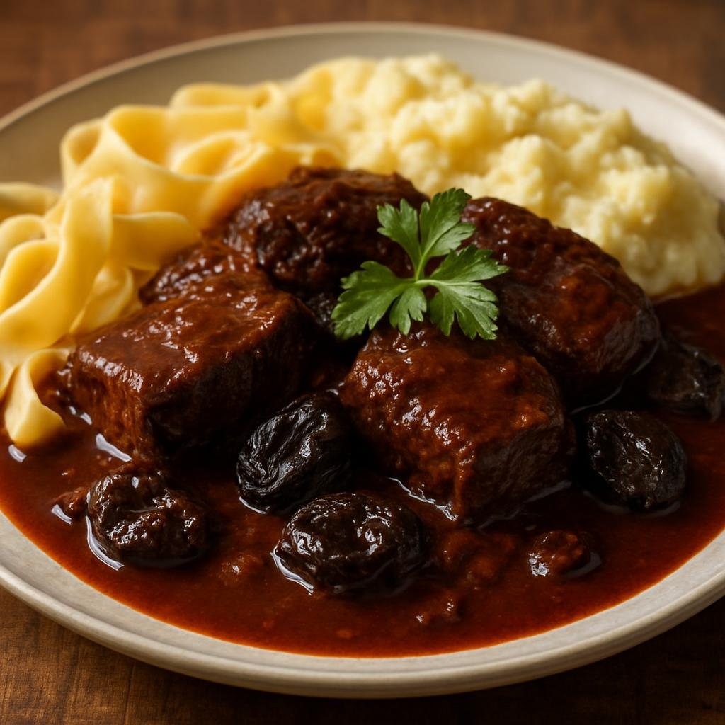 Entree: Croatia – Pasticada (Slow-braised Dalmatian beef in a sweet-and-sour red wine and prune sauce) recipe