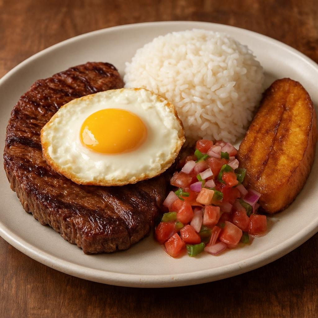 Entree: Ecuador – Churrasco Ecuatoriano (Ecuadorian grilled steak plate topped with a fried egg and served with rice, plantain, and a tomato-onion salsa) recipe