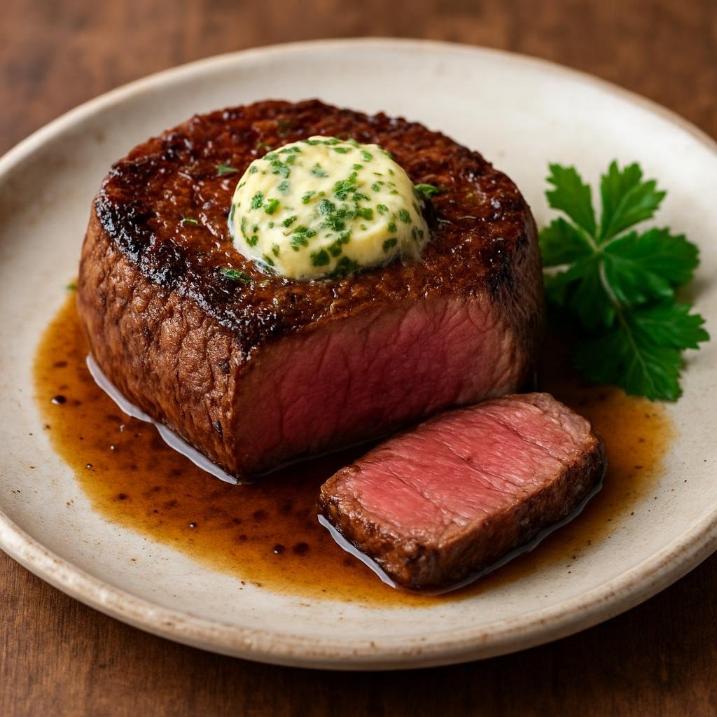 Entree: France – Auvergne – Salers Beef Steak (Pan-seared beef steak from the Salers breed served with a simple pan sauce and herb butter) recipe