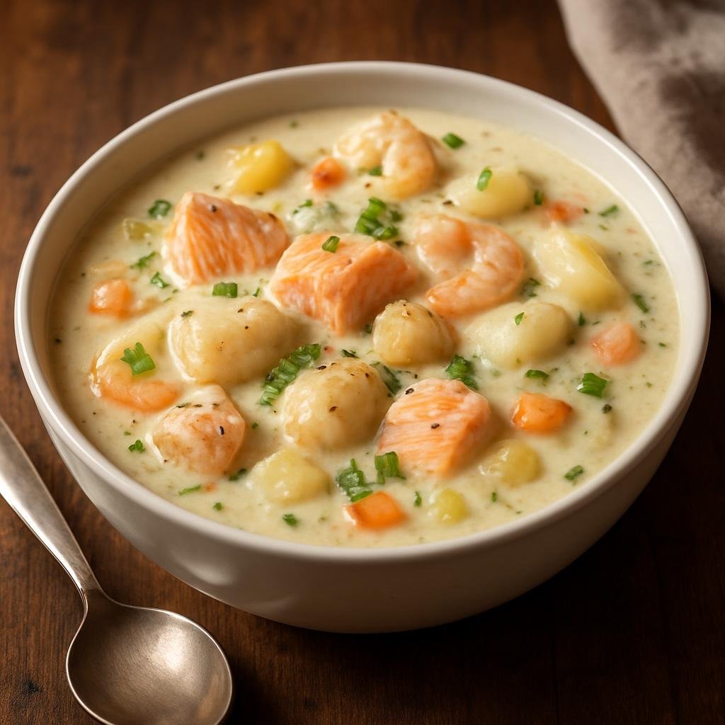 Entree: Canada – Atlantic Canada – Seafood Chowder (Thick, creamy Atlantic Canadian soup of mixed local seafood, potatoes, and aromatics) recipe
