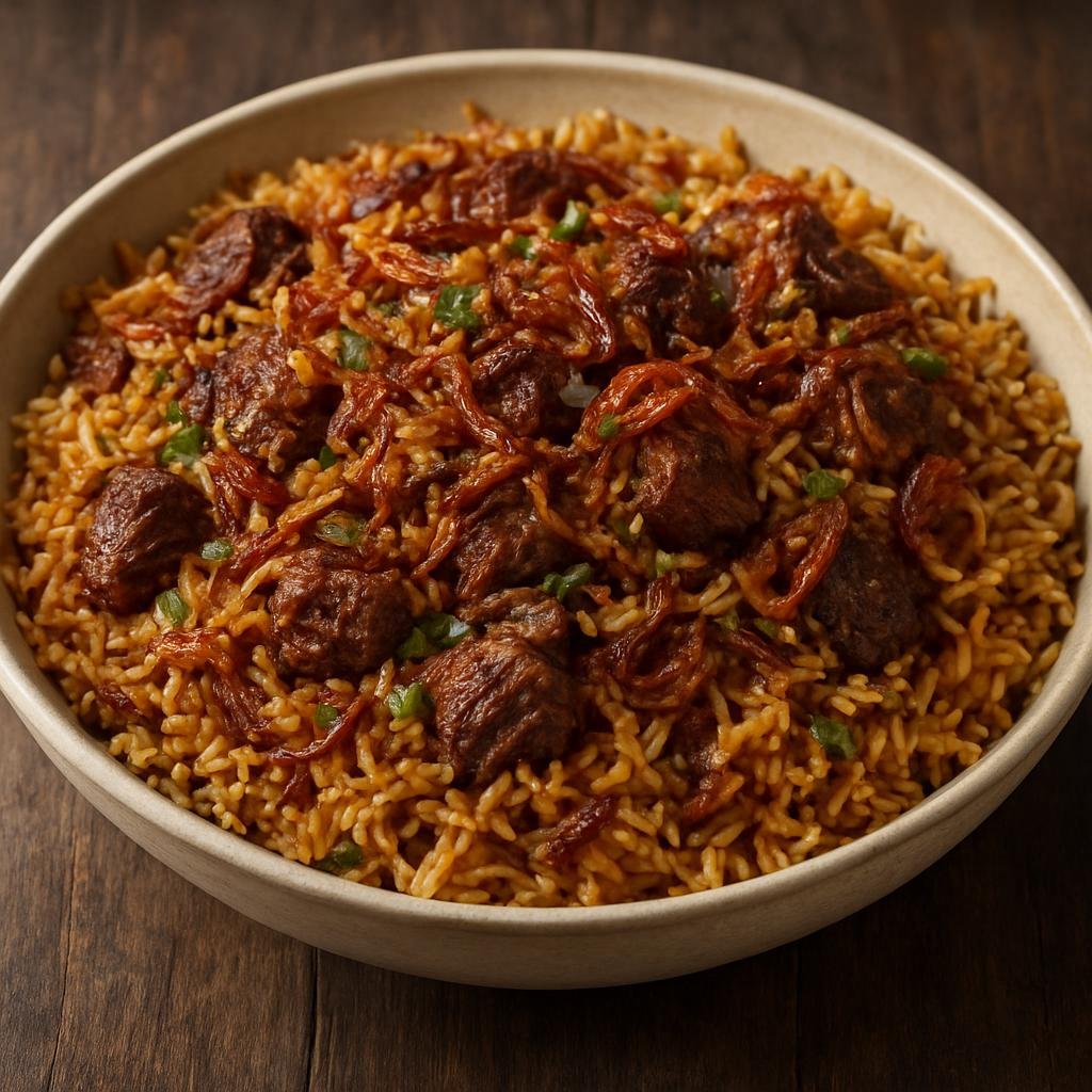 Entree: Iran – Baluchi Iran – پلو بلوچی با گوشت گوساله ➤ Polo-ye Balūchi bā Goosht-e Gavāleh (Fragrant Baluchi-style rice cooked with spiced beef and caramelized onions) recipe