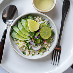 Entrée: Thailand – Salat Taengkwa Samunphrai Yen Kap Nam Salat Manao Palm Lae Khao Kua (Chilled Cucumber Herb Salad with Lime Palm Dressing) recipe