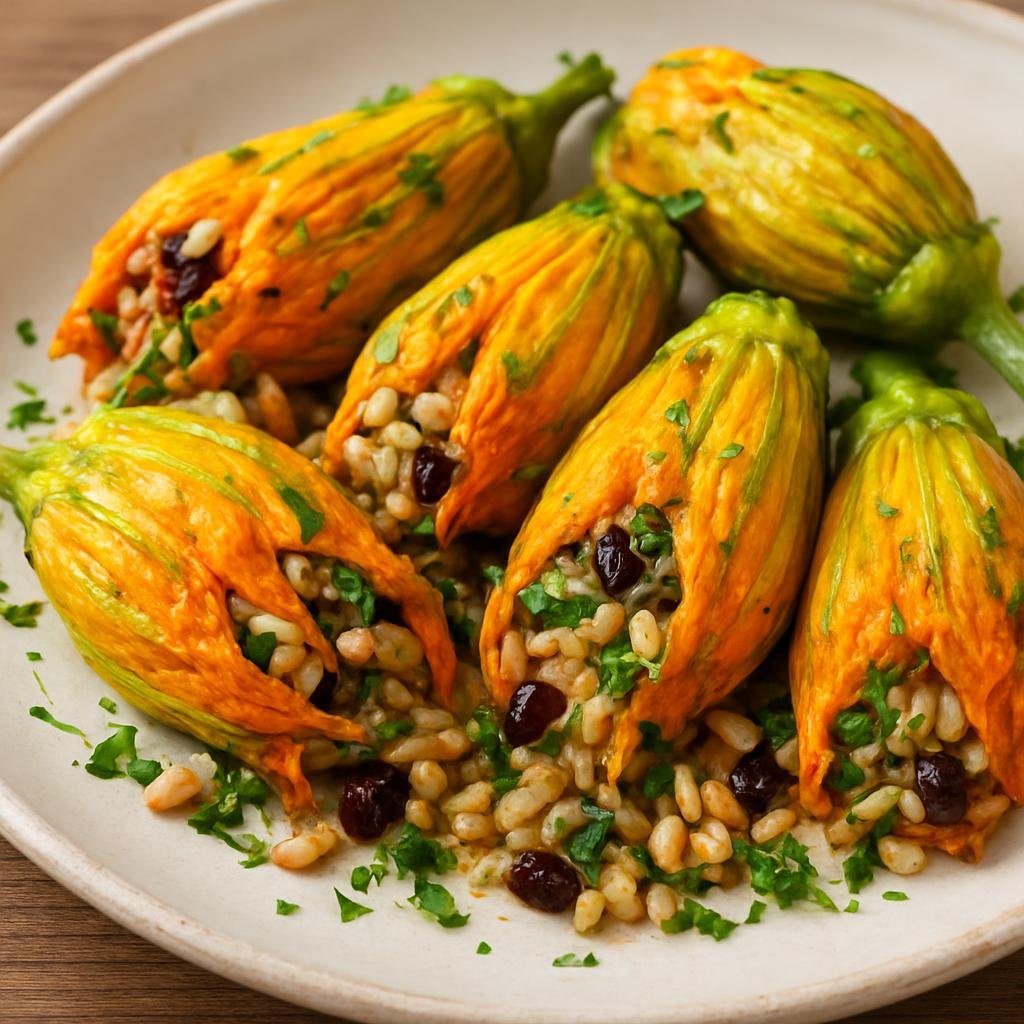 Entree: Turkey – Aegean Turkey – Kabak Çiçeği Dolması (Aegean-style stuffed zucchini flowers filled with herbed rice, pine nuts, and currants) recipe