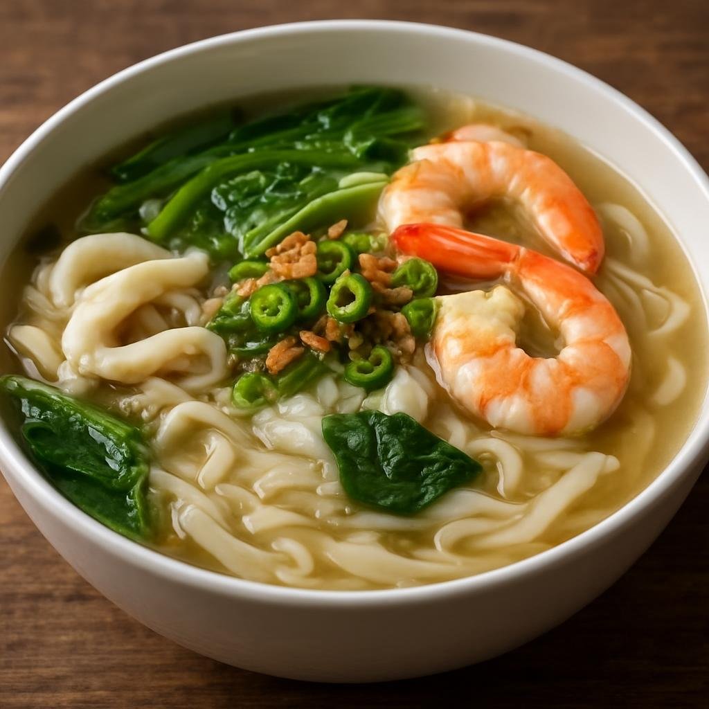 Entree: Malaysia – Malay Peninsula – Kuey Teow Soup (Flat rice noodle soup in a clear savory broth with seafood, greens, and aromatics) recipe