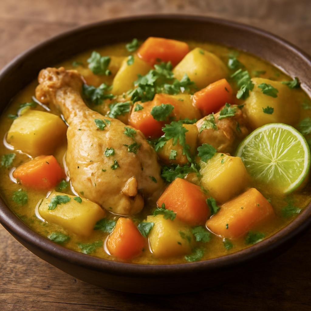 Entree: Peru – Amazonian Peru – Cazuela de Gallina (Hearty Amazonian chicken stew with root vegetables and bright cilantro-lime finish) recipe