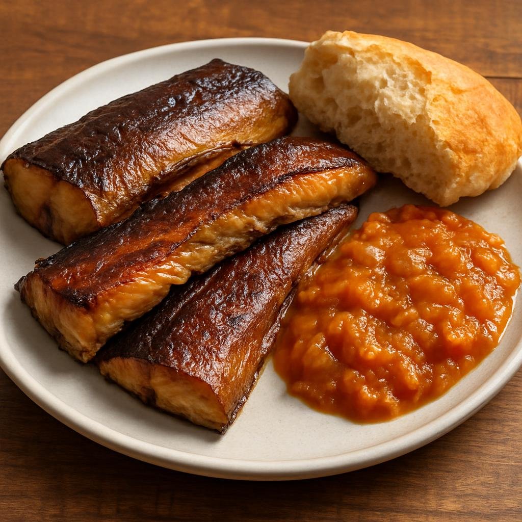 Entree: South Africa – Cape Malay – Smoked Snoek (Smoked Cape coastal fish served with a sweet-spicy Cape Malay chutney and bread) recipe