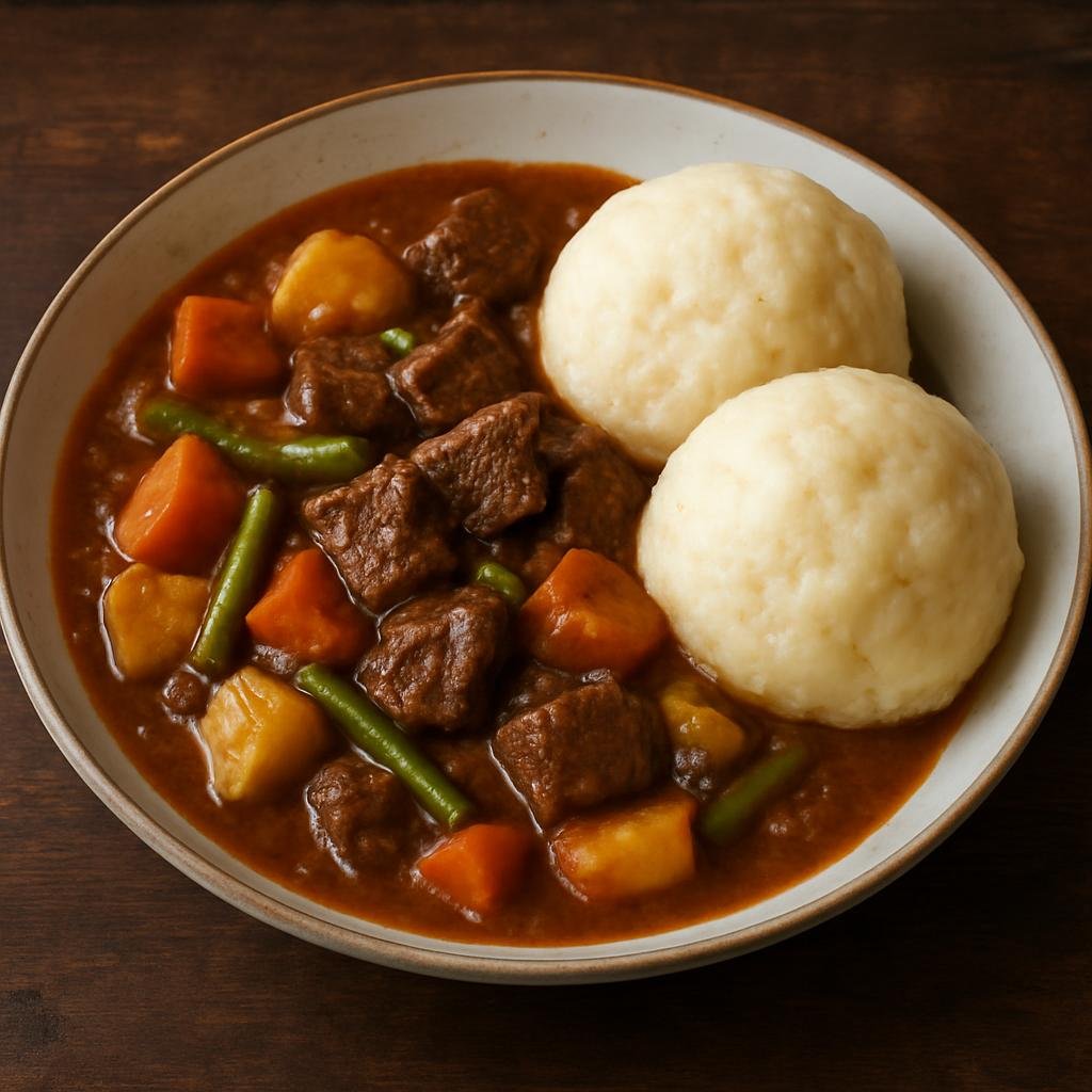 Entree: Botswana – National Cuisine – Ditloo (Hearty Botswana-style beef and vegetable stew served with maize dumplings) recipe