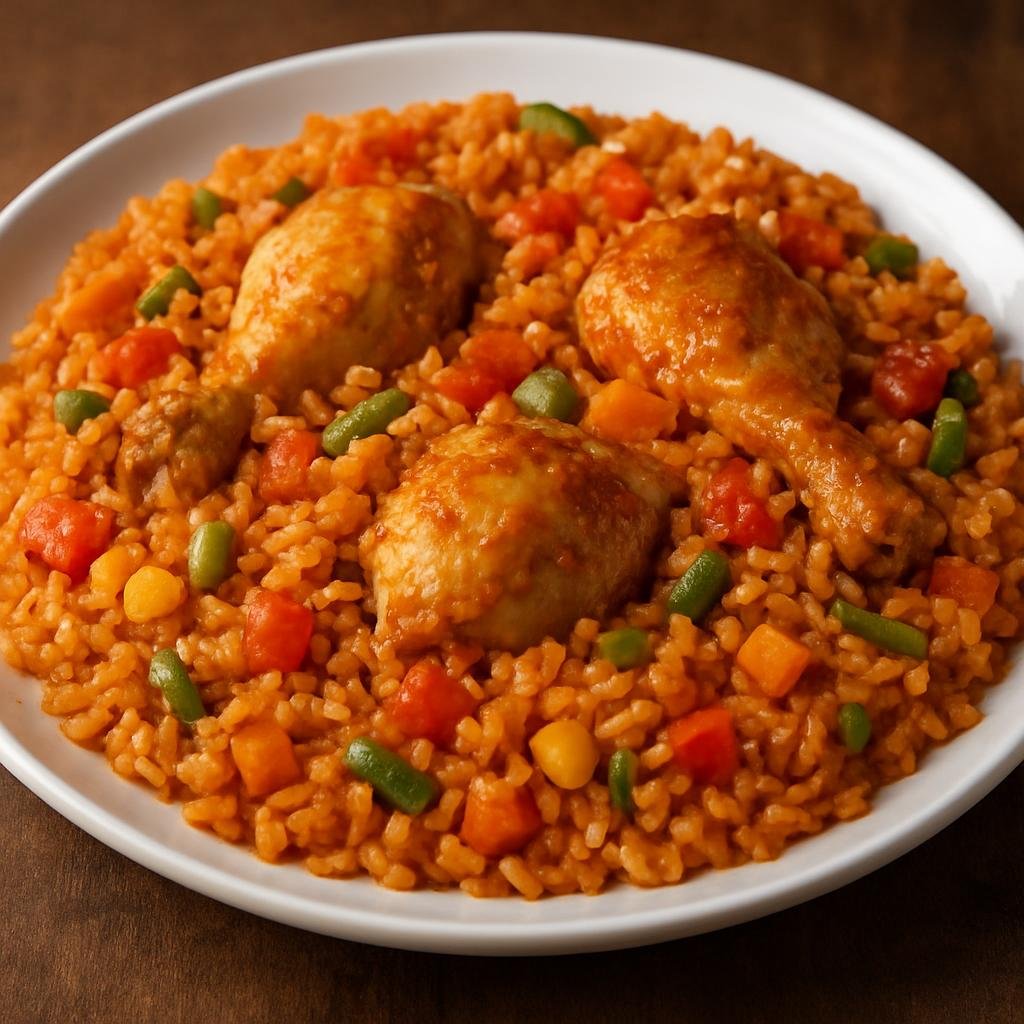 Entree: Cote d'Ivoire – National Cuisine – Riz Gras (Ivorian one-pot savory rice cooked with chicken, tomatoes, and mixed vegetables) recipe