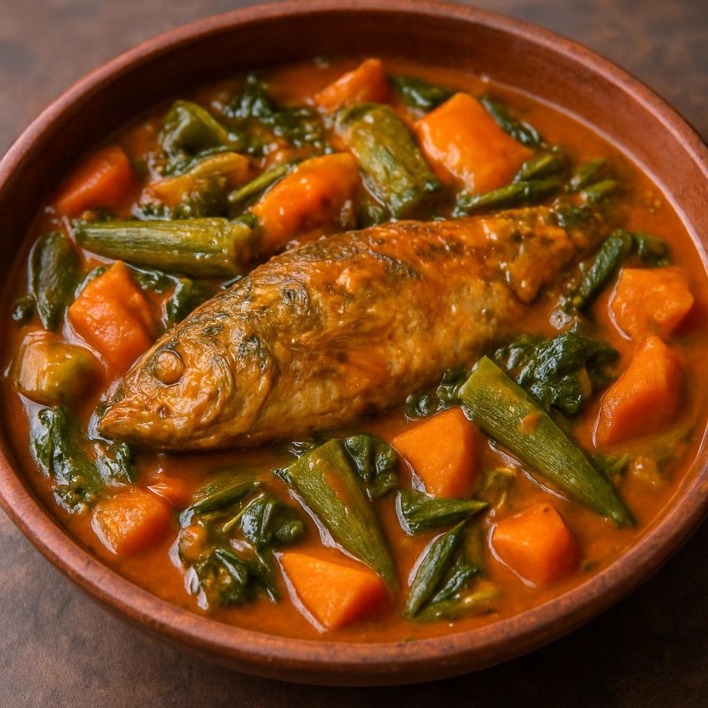 Entree: Equatorial Guinea – Northern Culinary Region – Pepesup (Spicy palm-oil fish and vegetable stew typical of Equatorial Guinea) recipe
