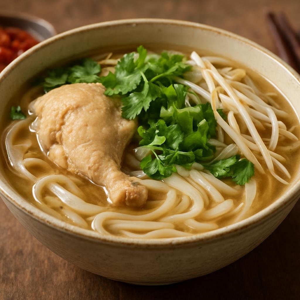 Entree: Laos – Luang Prabang / Northern Laos – ເຂົ້າປຽກເຊັນ ➤ Khao Piak Sen (Laotian thick rice noodle soup with chicken, aromatic broth, and fresh herbs) recipe