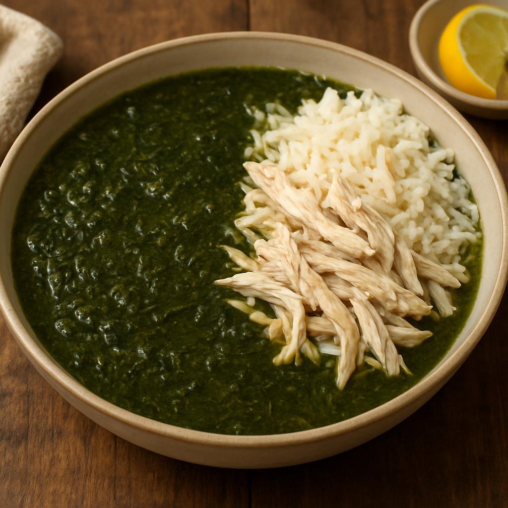 Entree: Lebanon – Bekaa Valley – ملوخية ➤ Mulukhiyah (Leafy jute-mallow stew cooked with broth and served with shredded chicken and rice) recipe