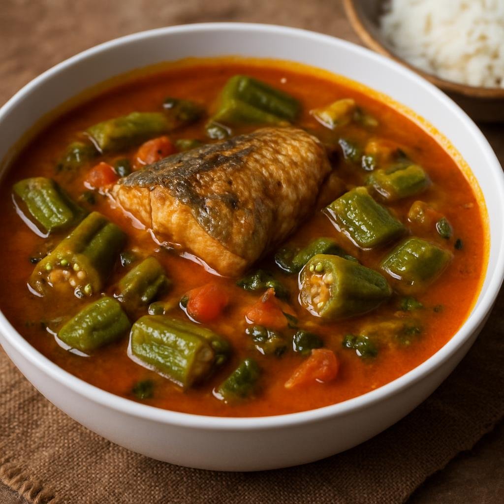Entree: Senegal – Dakar & Coastal Senegal – Soupe Kandia (Okra and fish stew in a silky palm-oil broth, typical of coastal Senegal) recipe