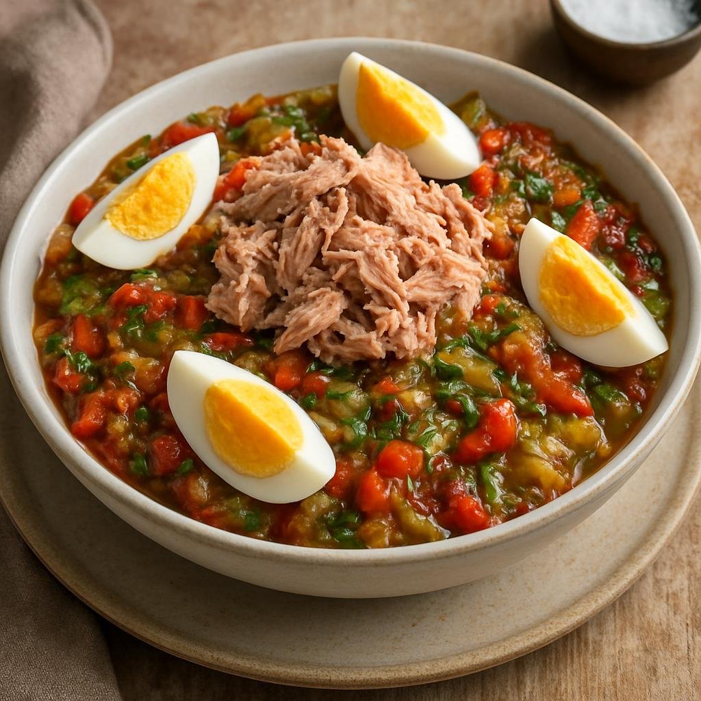 Entree: Tunisia – Sahel Coast – مشوية ➤ Mechouia (Tunisian grilled pepper and tomato salad typically topped with tuna and hard‑boiled eggs) recipe