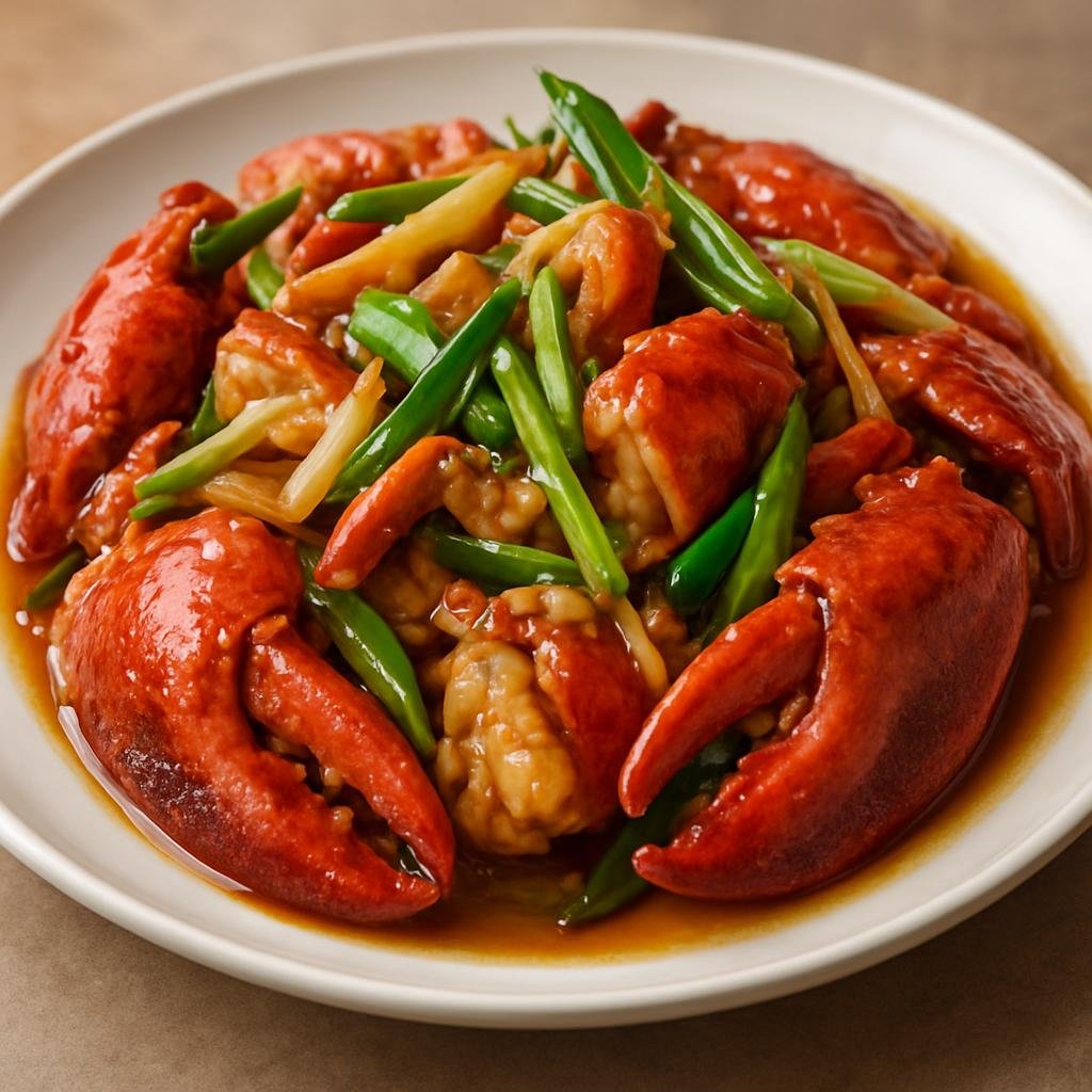 Entree: Hong Kong – Northern Culinary Region – 薑蔥龍蝦 ➤ Jiāng Cōng Lóngxiā (Cantonese-style stir-fried lobster cooked with aromatic ginger and scallions in a light soy-based sauce) recipe