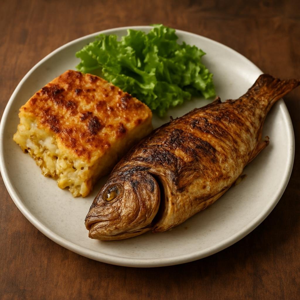 Entree: Kiribati – Northern Culinary Region – Te Bua Toro Ni Kainikama Ma Te Ura Ma Te Ika (Baked coconut-taro and breadfruit casserole with roasted reef fish) recipe