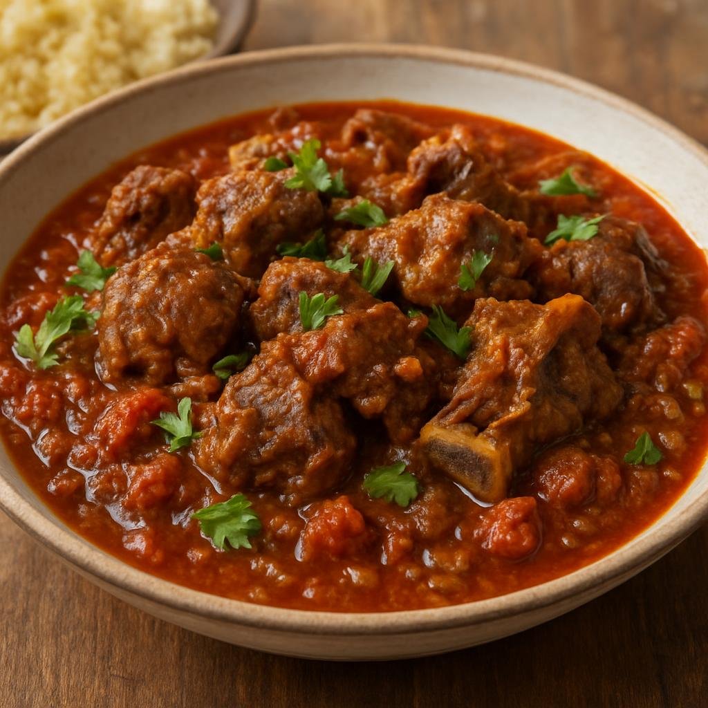 Entree: Mauritania – Northern Culinary Region – Ragout de Mouton (Hearty slow-cooked mutton stew flavored with North African spices and tomatoes) recipe