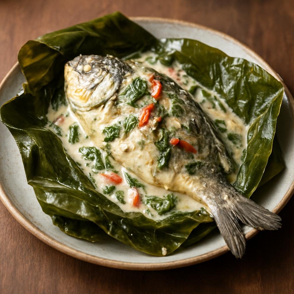 Entree: Micronesia – Northern Culinary Region – Fish Wrapped in Banana Leaves (Whole fish steamed in banana leaves with coconut milk and island aromatics) recipe