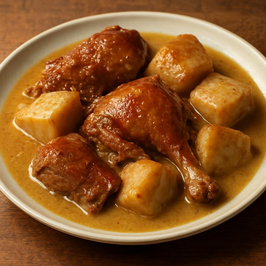 Entree: New Caledonia – Northern Culinary Region – Braised Duck with Taro (Slow-braised duck cooked with taro in a savory coconut-scented sauce) recipe