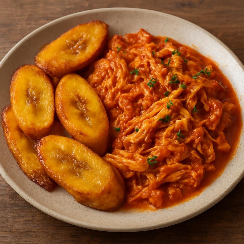 Entree: Nicaragua – Northern Culinary Region – Tajadas con Pollo (Fried ripe plantain slices served with savory stewed or shredded chicken in a tomato-based sauce) recipe