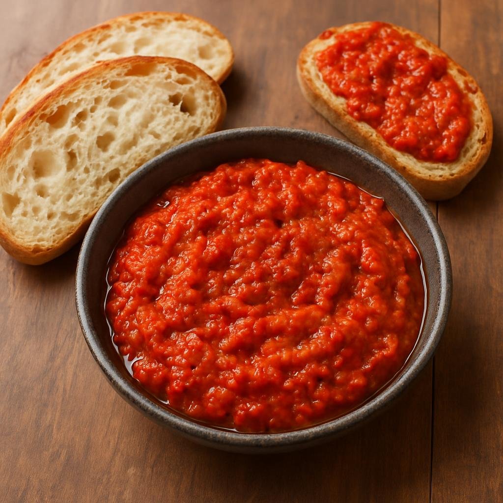 Entree: North Macedonia – Northern Culinary Region – Пинџур со леб ➤ Pindžur so leb (Roasted pepper and tomato spread served with bread) recipe