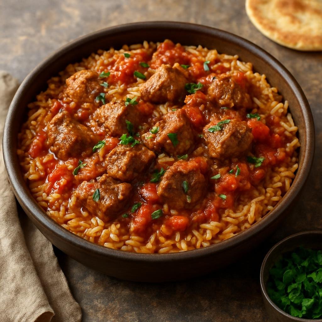 Entree: Palestine – Northern Culinary Region – رز ولحمة ➤ Ruz wa Lahmeh (One-pot Palestinian rice and meat stew with tomatoes and warm spices) recipe