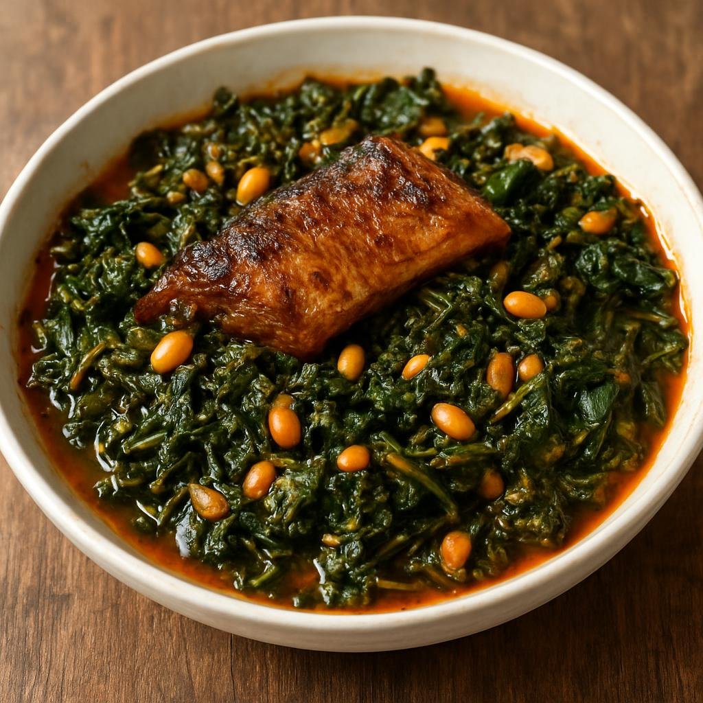 Entree: Sierra Leone – Northern Culinary Region – Potato Leaves (Stewed sweet potato leaves cooked with groundnuts and smoked fish in a palm-oil sauce) recipe