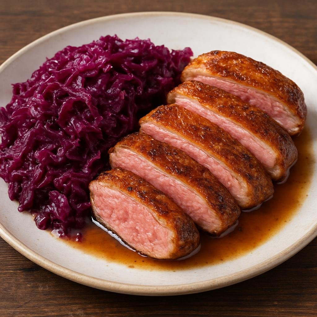 Entree: Slovakia – Northern Culinary Region – Kačacie Prsia s Červenou Kapustou (Pan-roasted duck breasts served with braised red cabbage) recipe