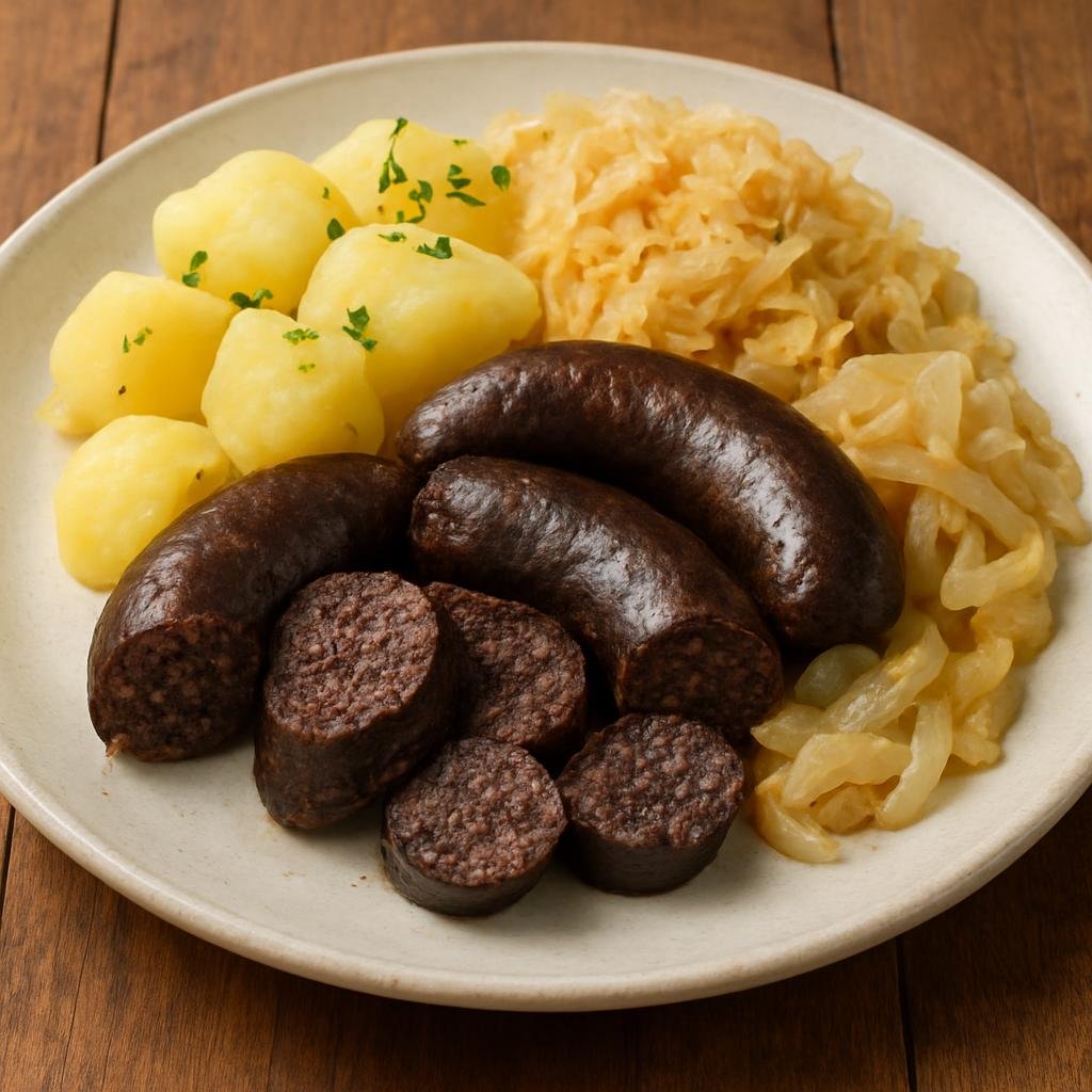 Entree: Slovenia – Northern Culinary Region – Kmečka Krvavica (Rustic Slovenian blood sausage served with potatoes, onions, and sauerkraut) recipe