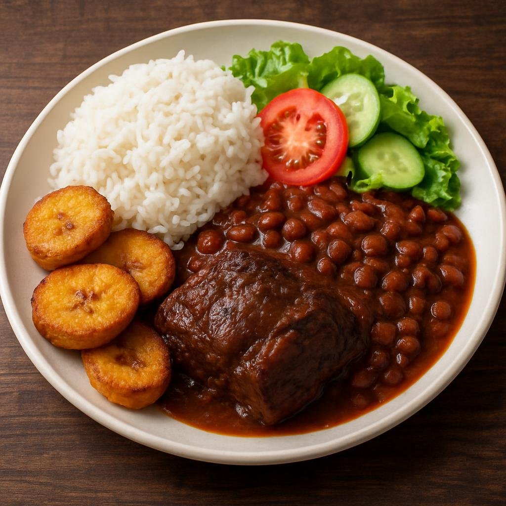 Entree: Dominican Republic – Northern Culinary Region – La Bandera (Classic Dominican plate of white rice, stewed red beans, and a savory braised meat served with plantains and a simple salad) recipe
