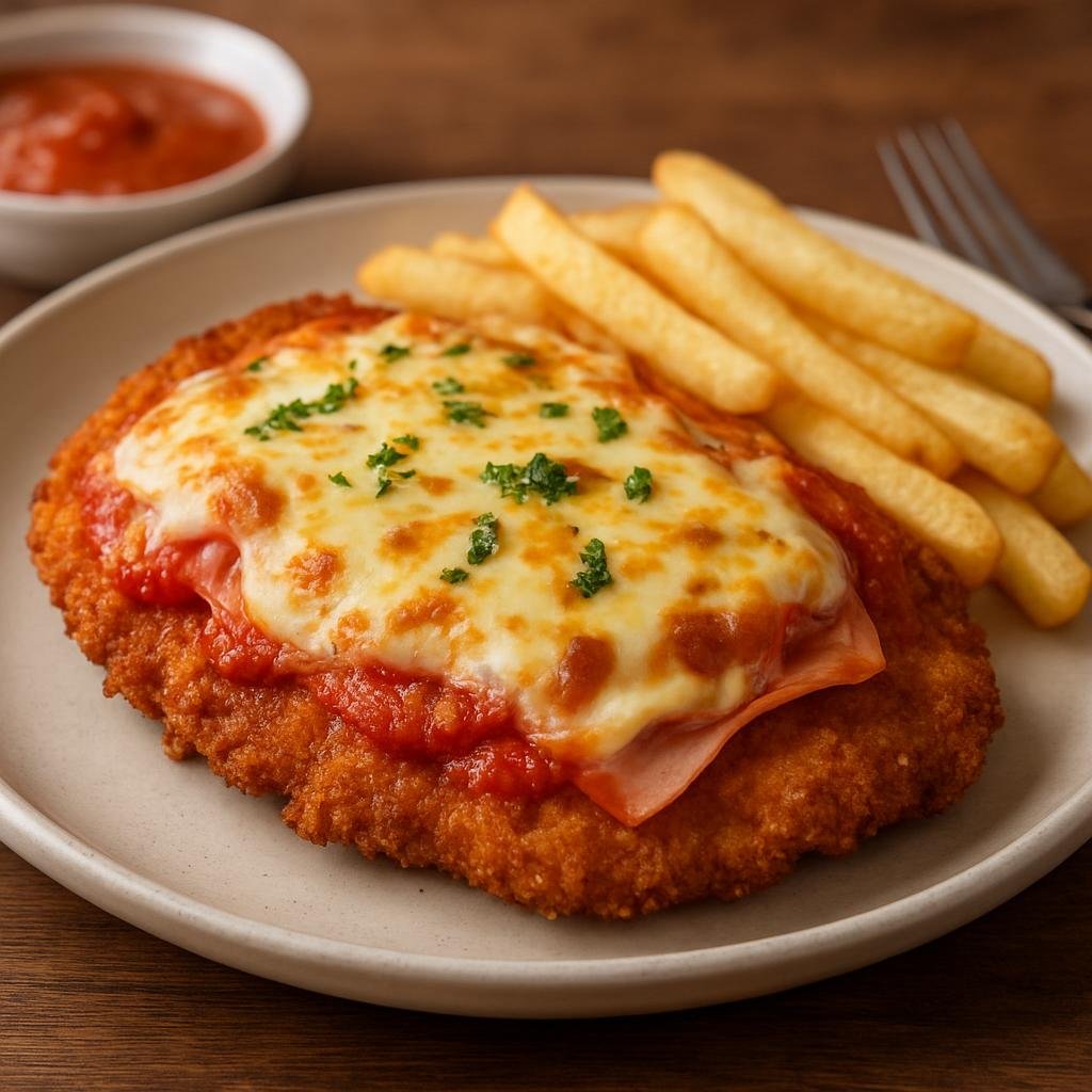 Entree: Australia – Melbourne & Victoria – Chicken Parma (Breaded chicken cutlets topped with tomato sauce, ham and melted cheese) recipe