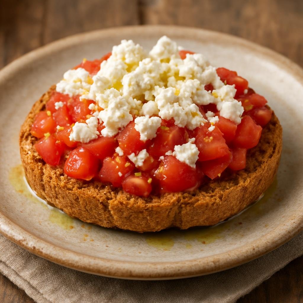 Entree: Greece – Crete – Ντάκος ➤ Ntákos (Cretan barley rusk topped with ripe tomato, cheese and olive oil) recipe