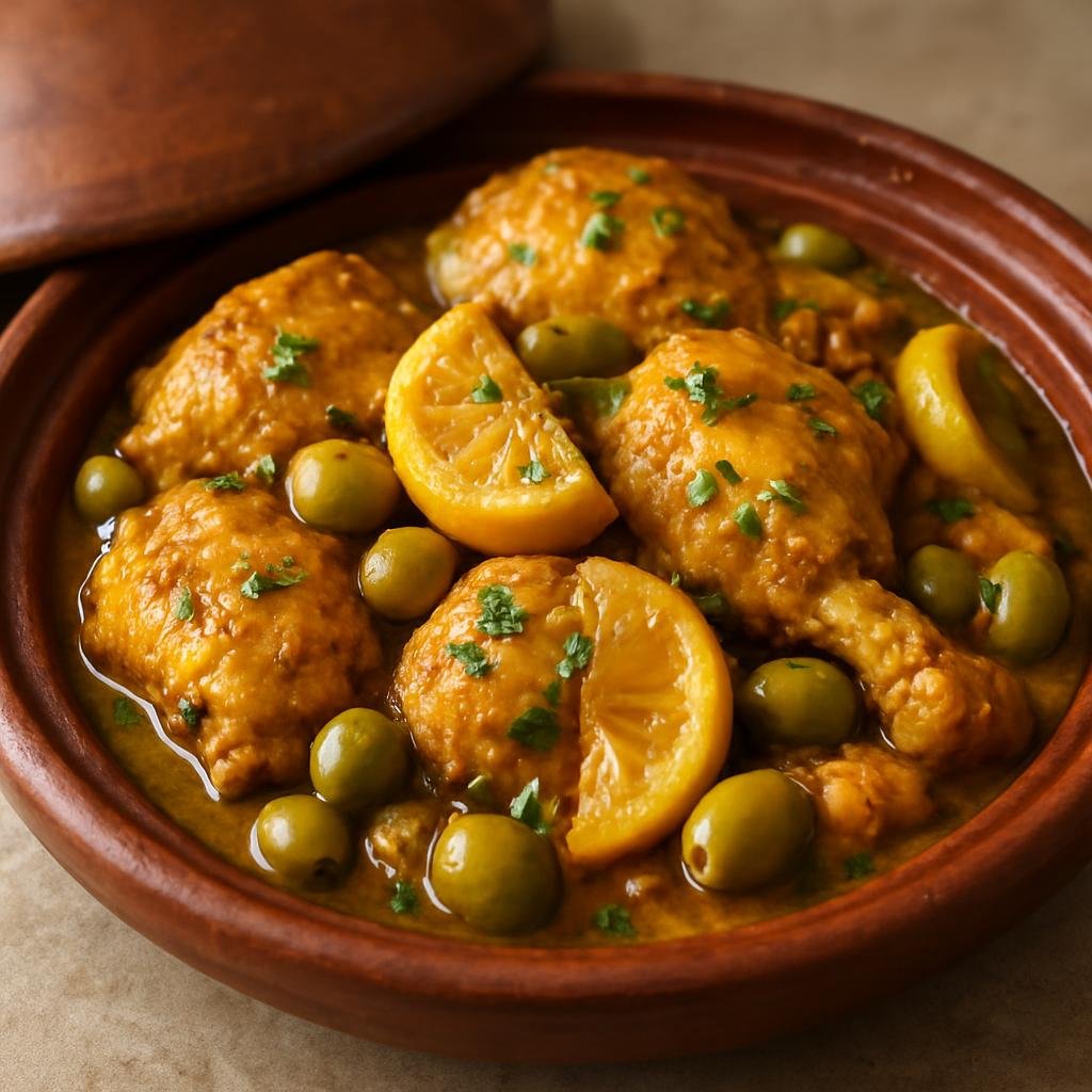 Entree: Morocco – Casablanca & Atlantic Coast – طاجين دجاج بالليمون المصير ➤ Tajīn Dajjāj bil-līmūn al-maṣīr (Moroccan braised chicken with preserved lemons and olives) recipe