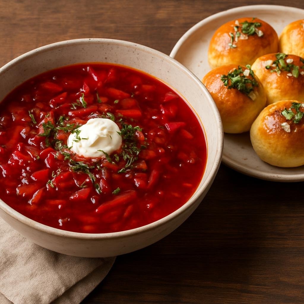 Entree: Ukraine – Eastern Ukraine – Борщ з пампушками ➤ Borshch z pampushkamy (Hearty beetroot and vegetable soup served with small garlicky yeast buns) recipe