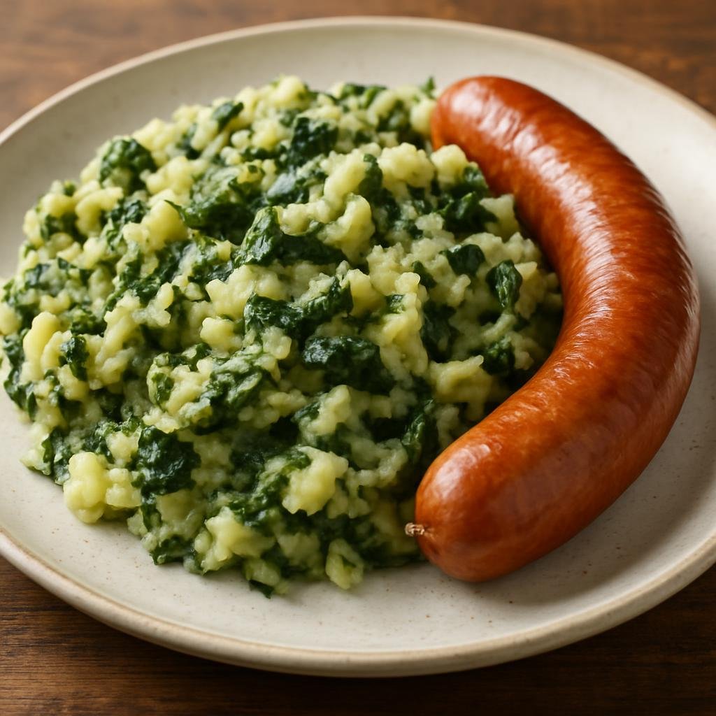 Entree: Netherlands – Holland / Amsterdam – Stamppot (Mashed potatoes blended with cooked greens and served with smoked sausage) recipe