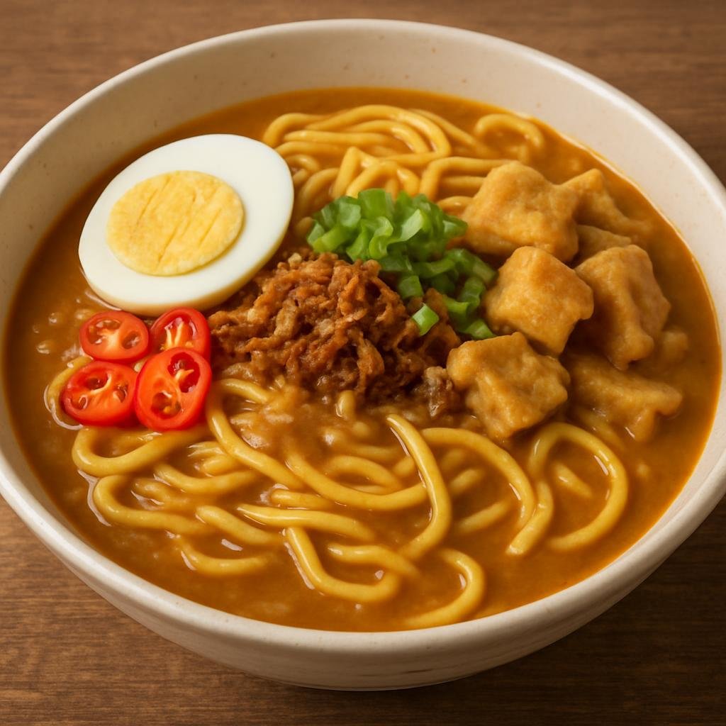 Entree: Singapore – Malay Singapore – Mee Rebus (Egg noodles served in a thick, savory-sweet potato and shrimp-paste gravy with toppings) recipe