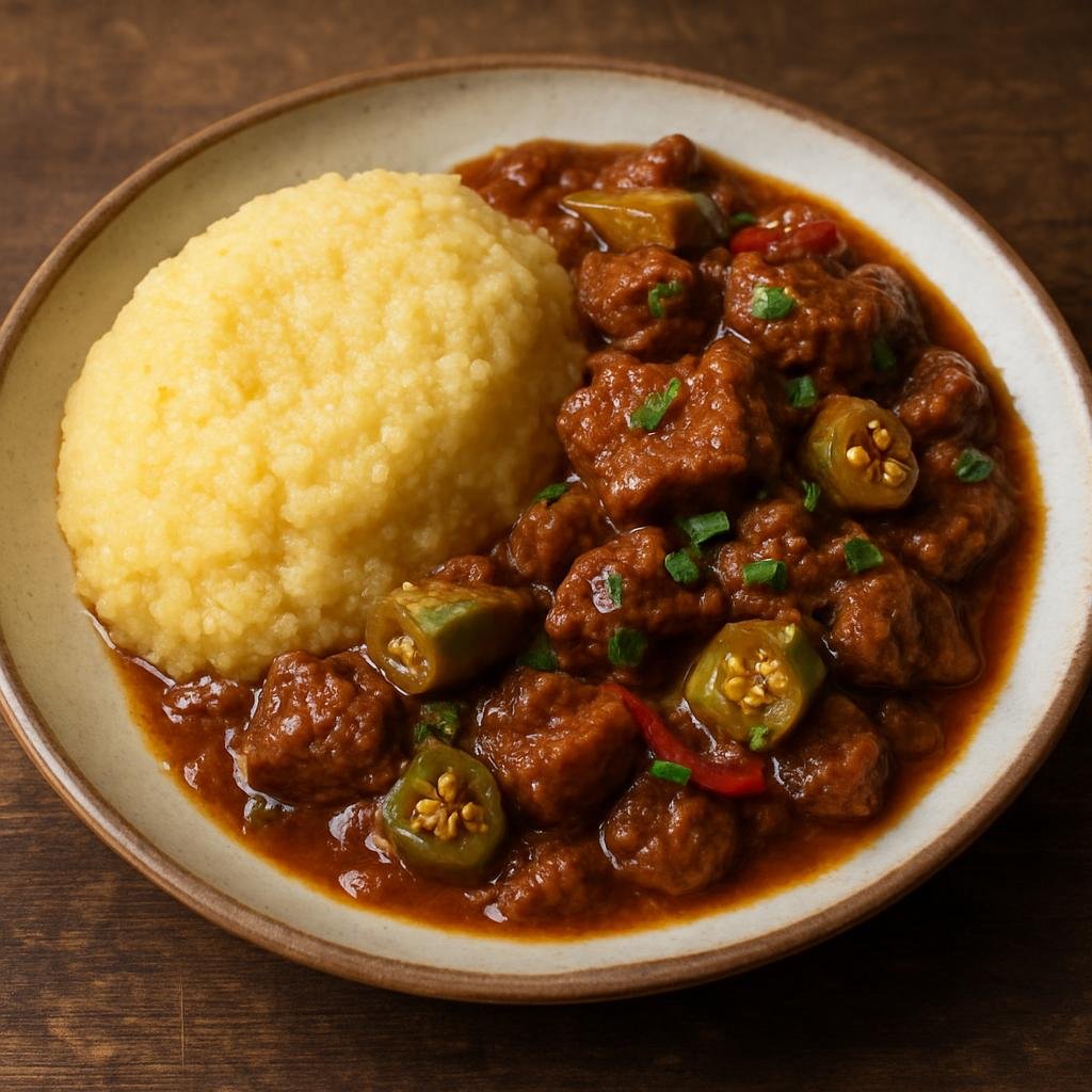 Entree: Antigua and Barbuda – Northern Culinary Region – Fungee and Pepperpot (Cornmeal-based polenta served with a slow-simmered meat and okra stew flavored with Caribbean spices) recipe