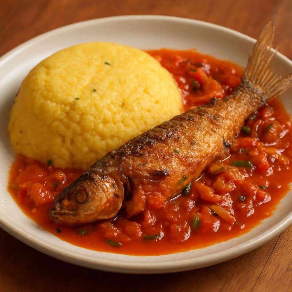 Entree: Barbados – Northern Culinary Region – Cou-Cou and Flying Fish (Cornmeal and okra porridge served with seasoned flying fish in a Bajan pepper-tomato gravy) recipe