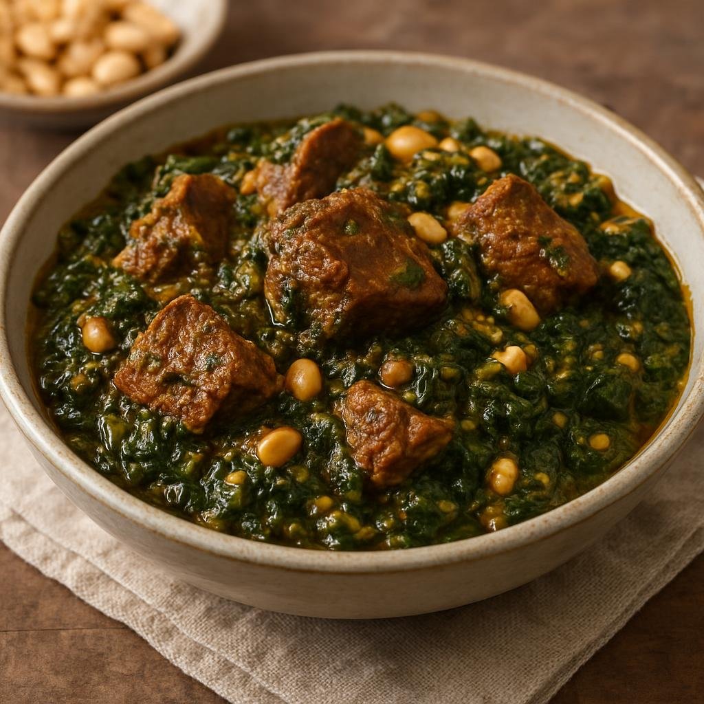 Entree: Cameroon – Northern Culinary Region – Ndolé (Cameroonian bitterleaf and peanut stew cooked with spiced beef or shrimp) recipe