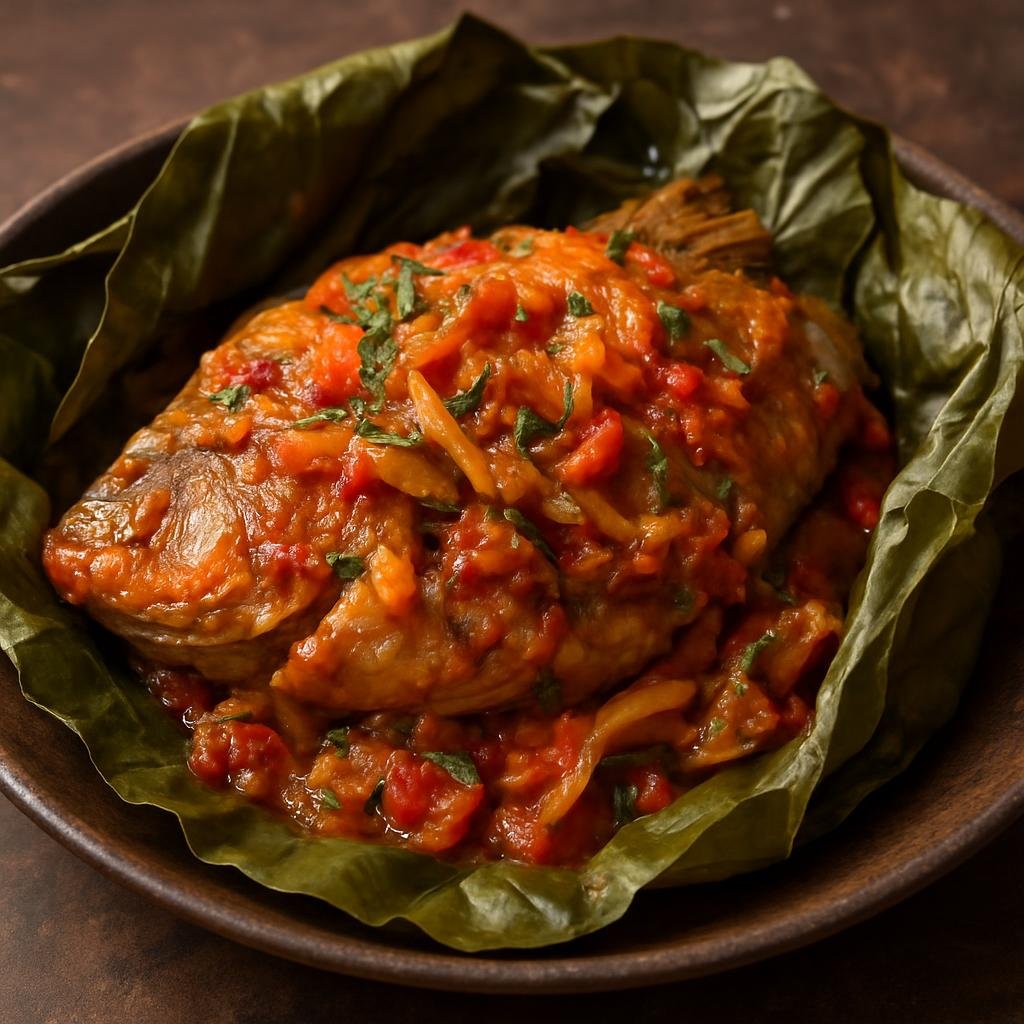 Entree: Republic of the Congo – Southern Culinary Region – Liboké de Poisson (Steamed fish marinated in palm oil, aromatics and vegetables, wrapped in leaves and cooked over steam or coals) recipe